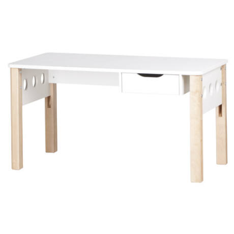 White állítható magasságú asztal, fiókkal, nyírfa lábbal - Íróasztal gyerekeknek -  Gyerekbútor - Dankids Flexa |  Gyerekszobabútor