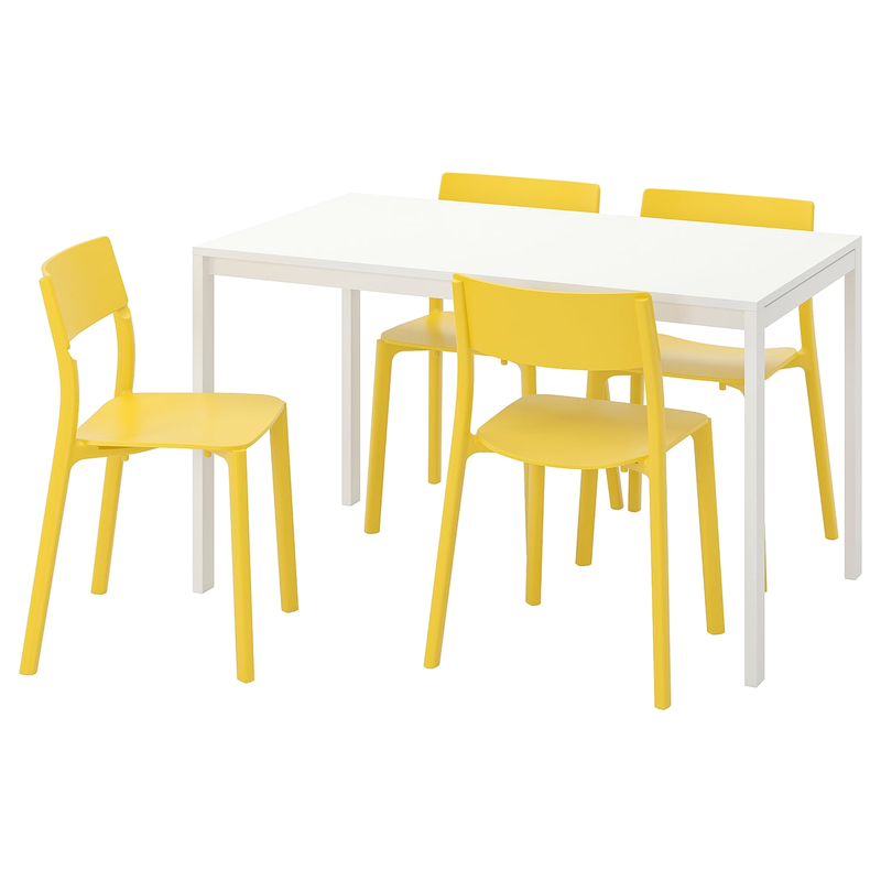 MELLTORP / JANINGE Asztal és 4 szék, fehér/sárga, 125 cm - IKEA